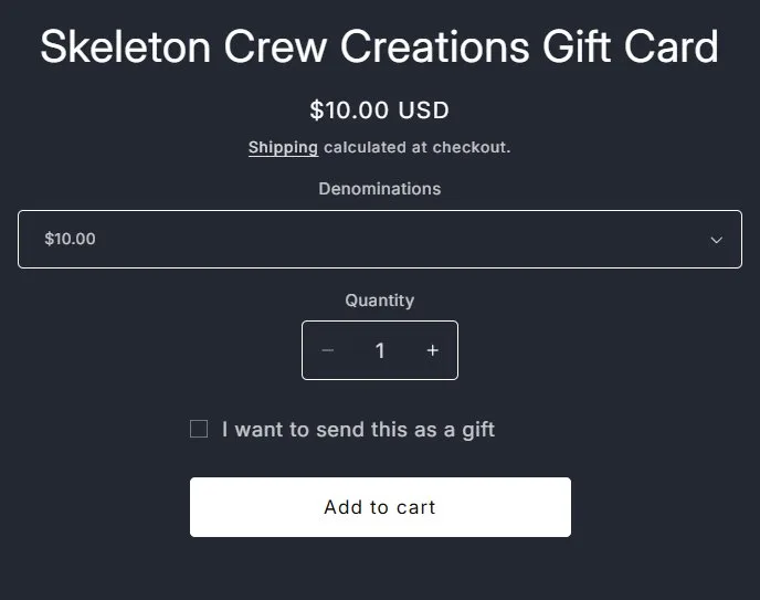 Product page: gift card, buy box, old site, desktop view. A Denominations dropdown and a 'send this as a gift' checkbox.