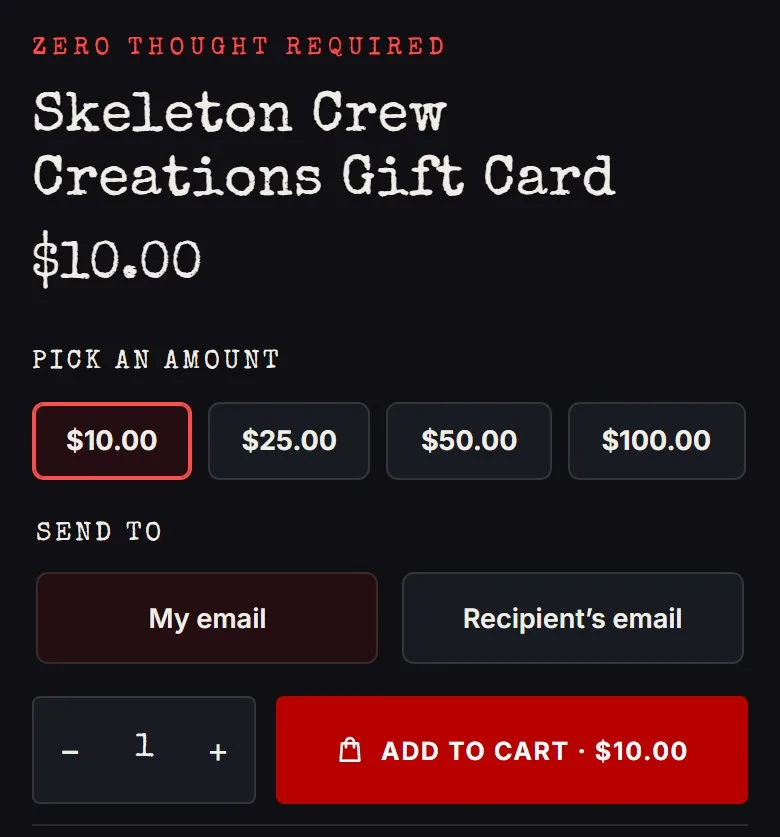 Product page: gift card, buy box, new site, phone view. 'Pick an amount' buttons and a 'Send to: My email / Recipient's email' choice.