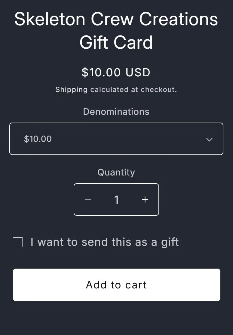 Product page: gift card, buy box, old site, phone view. A Denominations dropdown and a 'send this as a gift' checkbox.