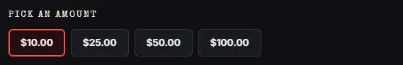 Product page: gift card, amount picker, new site, desktop view. 'Pick an amount' buttons: $10, $25, $50, $100.