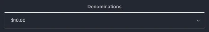 Product page: gift card, amount picker, old site, desktop view. A 'Denominations' dropdown.