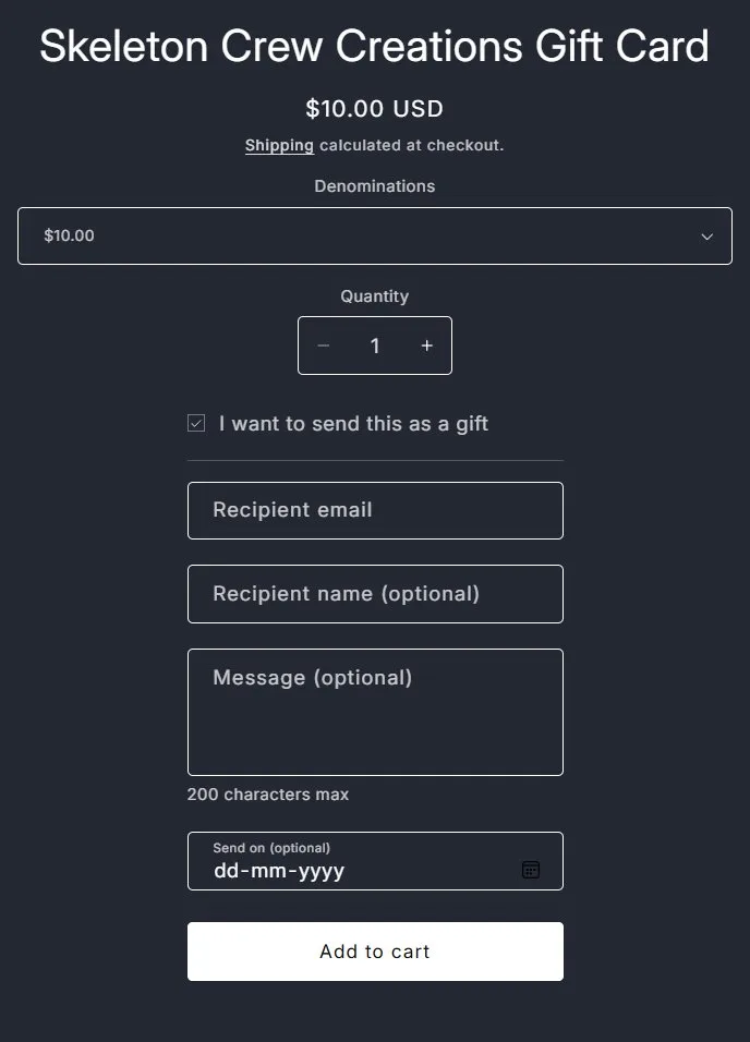 Product page: gift card, recipient form open, old site, desktop view. Recipient fields opened from a checkbox.