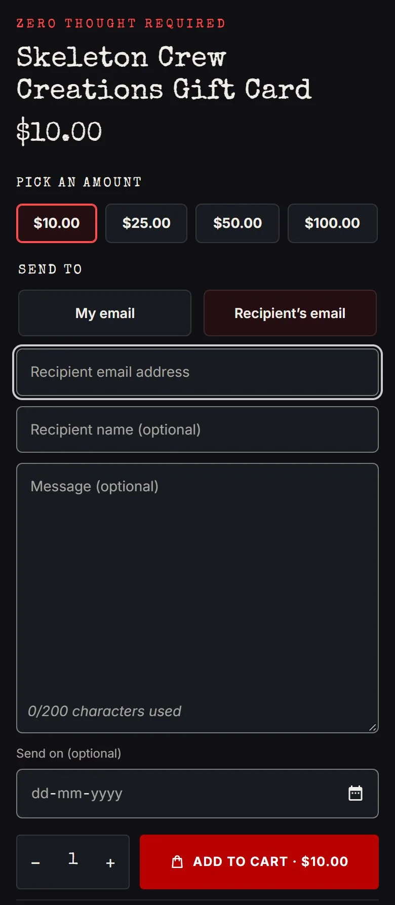 Product page: gift card, recipient form open, new site, phone view. Recipient fields (email, name, message, send date) opened from the 'Recipient's email' choice and styled for the dark page.