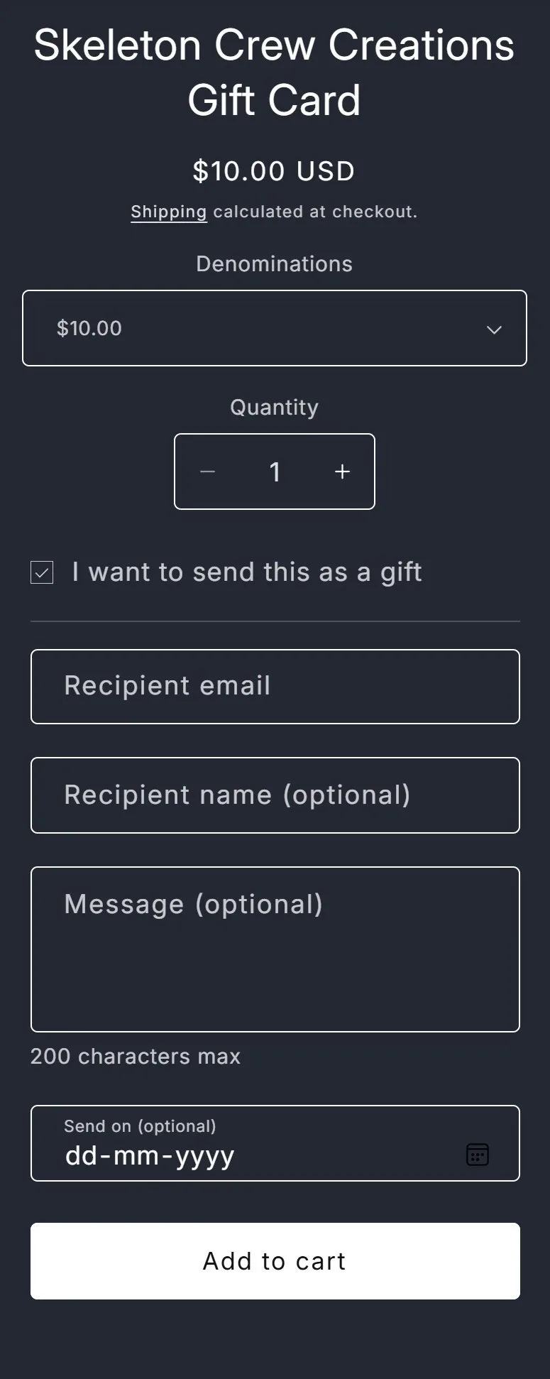 Product page: gift card, recipient form open, old site, phone view. Recipient fields opened from a checkbox.