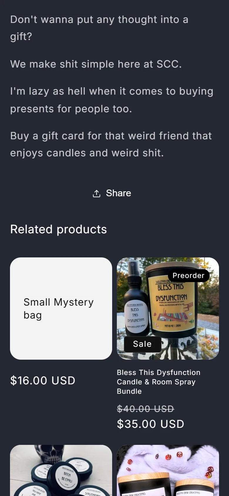 Product page: gift card, phone, scrolled past the buy row, old site, phone view. The description and related products, with no buy button in view.