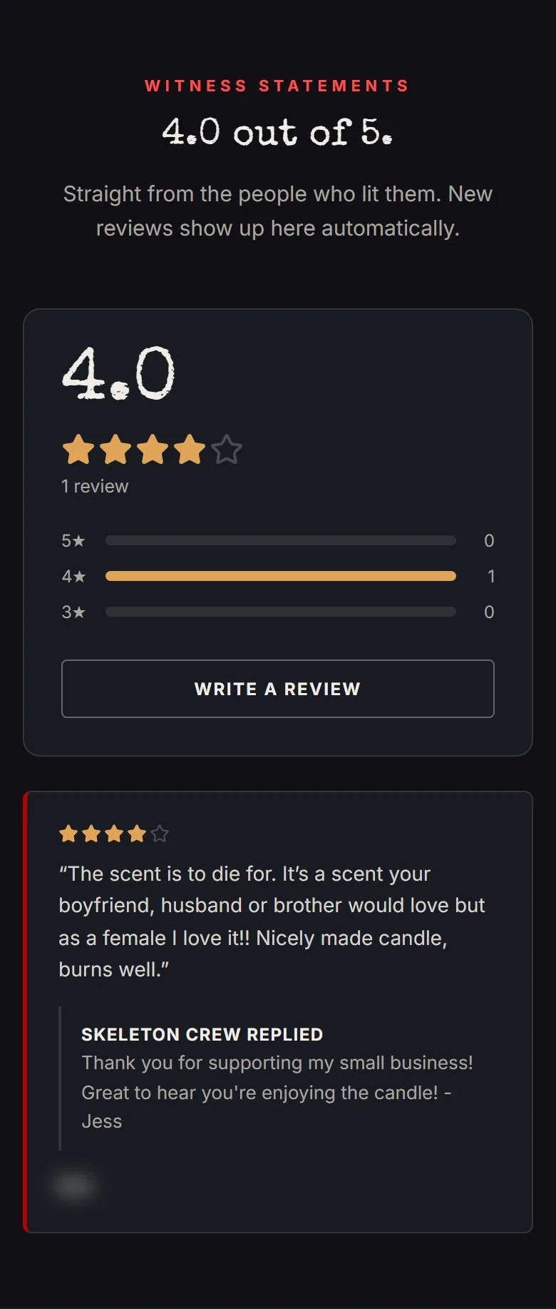 Product pages, reviews area with a real review, new site, phone view. On the Cedar and Amber jar candle: a 4.0 summary with a star breakdown, the review text and the owner's reply.