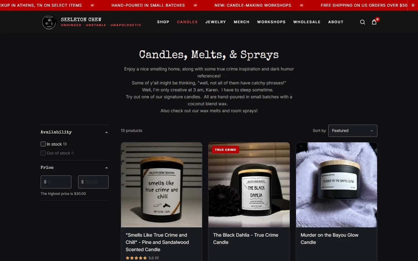 Collection page, first screen, new site, desktop view. A compact header and centered description above availability and price filters, a Sort by menu and a product count.