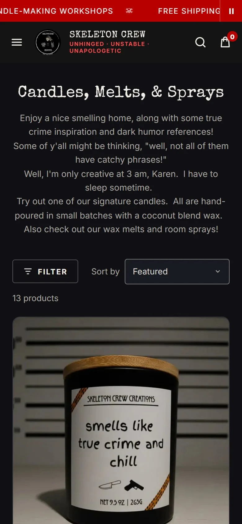 Collection page, first screen, new site, phone view. A compact header and centered description above availability and price filters, a Sort by menu and a product count.