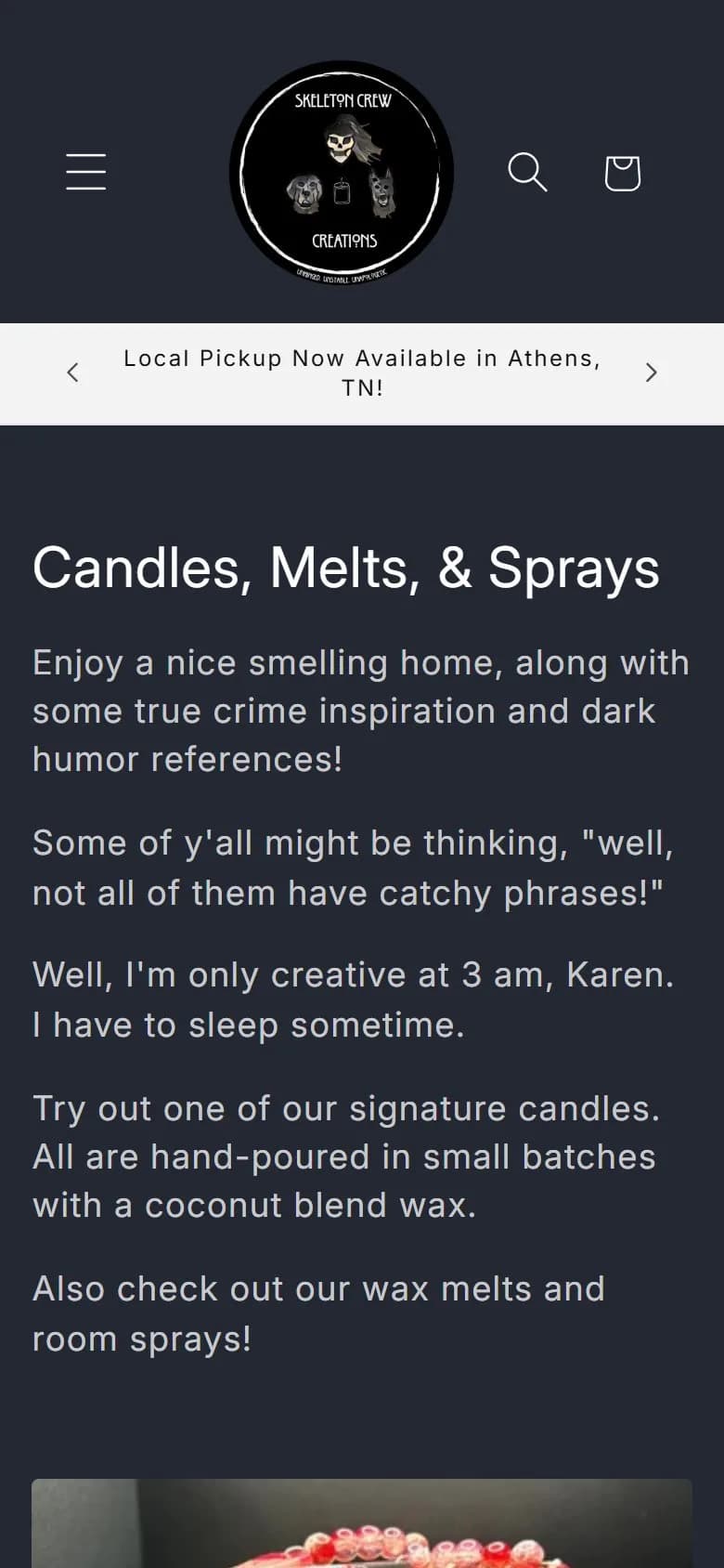 Collection page, first screen, old site, phone view. A tall logo header, a 69-word description and a large banner photo filled the first screen.