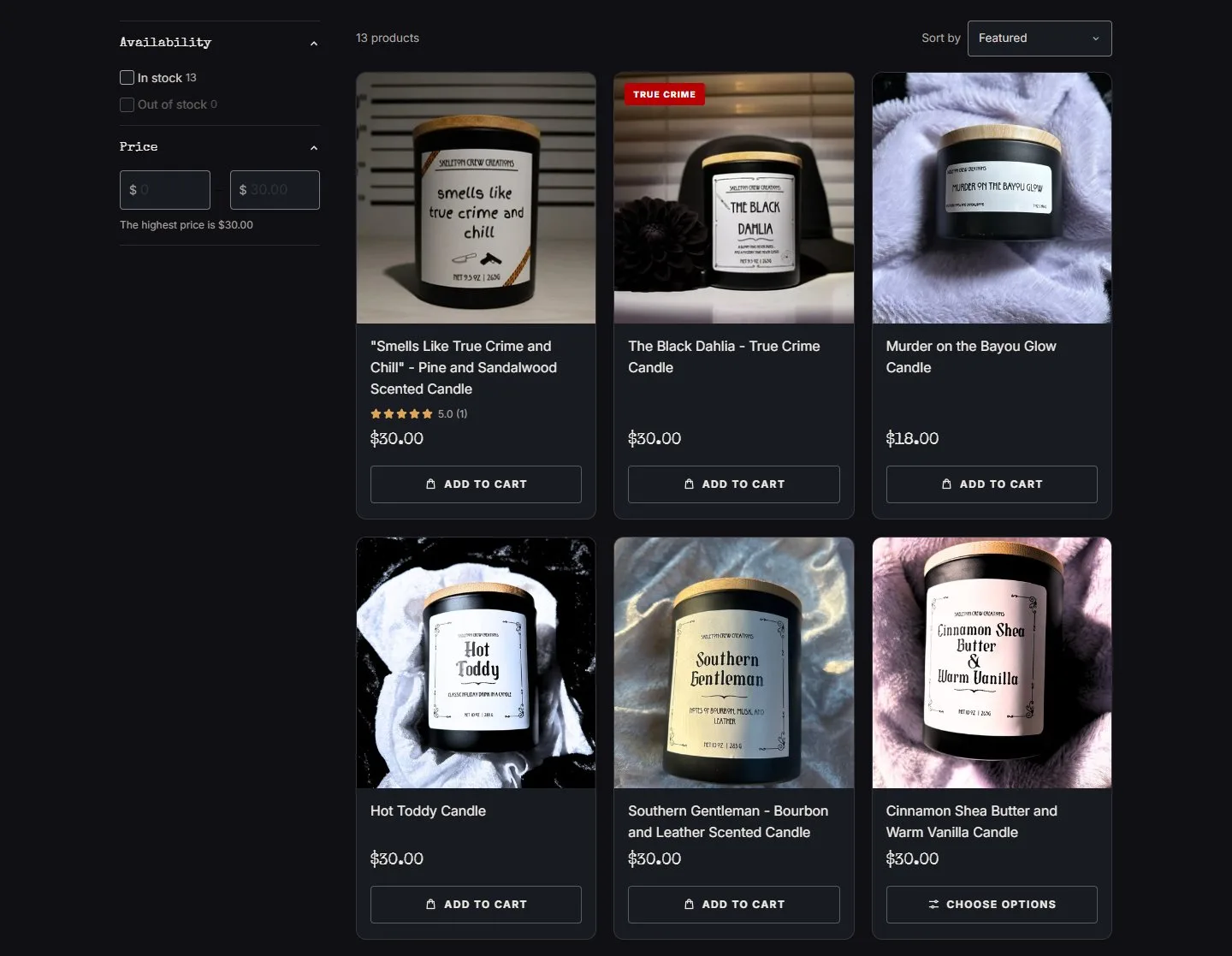 Collection page, product grid, new site, desktop view. A filter sidebar beside a 3-column grid of cards with badges, real ratings and an Add to cart or Choose options button.