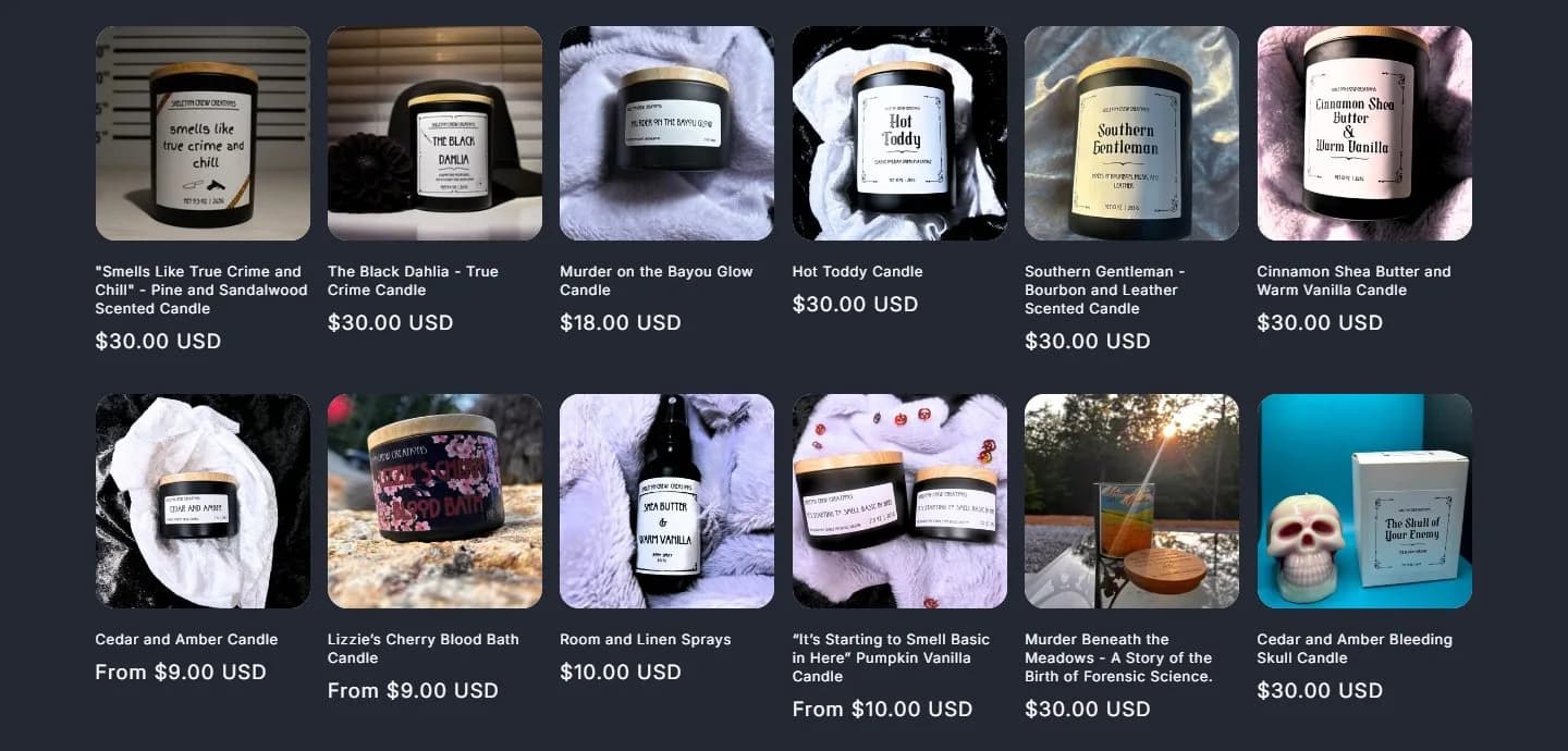 Collection page, product grid, old site, desktop view. A 6-column grid of small cards showing only photo, title and '$30.00 USD'.