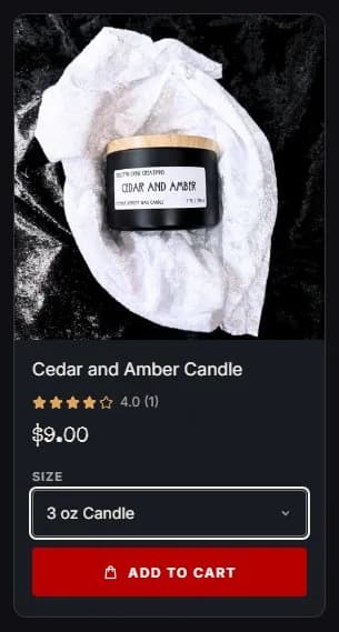 Collection page, inline size chooser, open, new site, desktop view. Choose options opens a Size select (3 oz Candle) with a red Add to cart, without leaving the collection.
