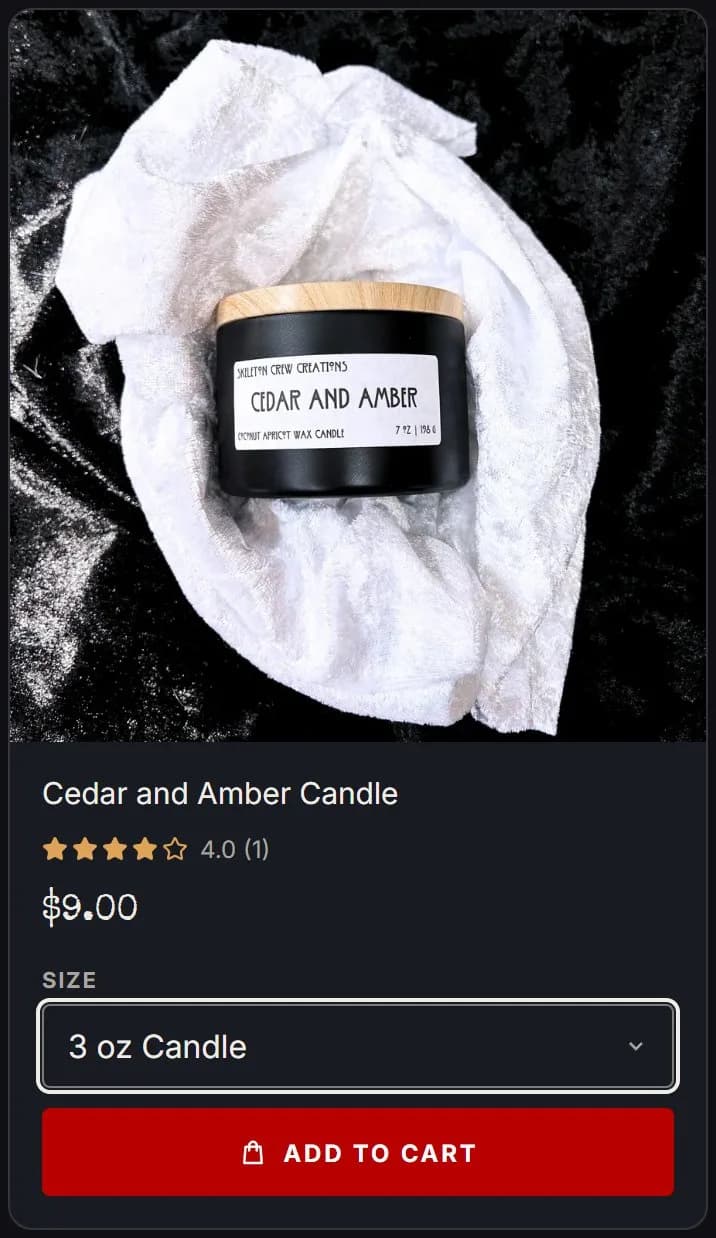 Collection page, inline size chooser, open, new site, phone view. Choose options opens a Size select (3 oz Candle) with a red Add to cart, without leaving the collection.