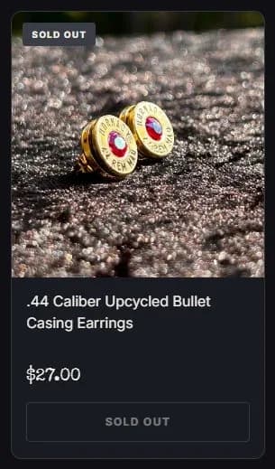 Collection page, sold-out card, new site, desktop view. A small SOLD OUT badge and a disabled SOLD OUT button in place of the add button.