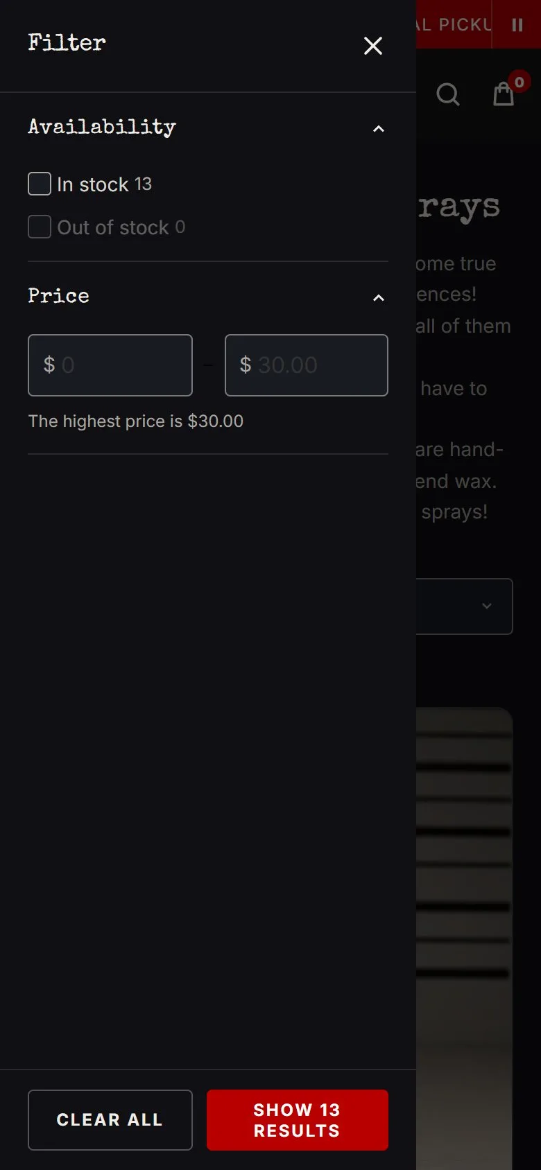 Collection page, filter drawer, new site, phone view. The FILTER button opens a drawer with Availability and Price range, CLEAR ALL and a results button.