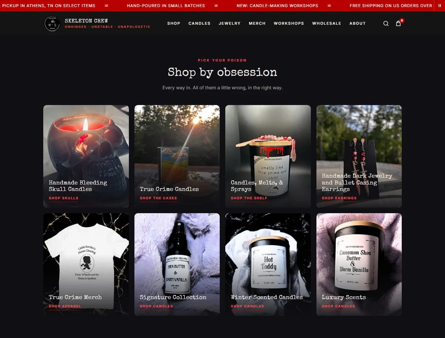 All collections, collections index, new site, desktop view. 'Pick your poison / Shop by obsession / Every way in.' with 8 curated photo tiles and action labels such as SHOP SKULLS and SHOP THE CASES.