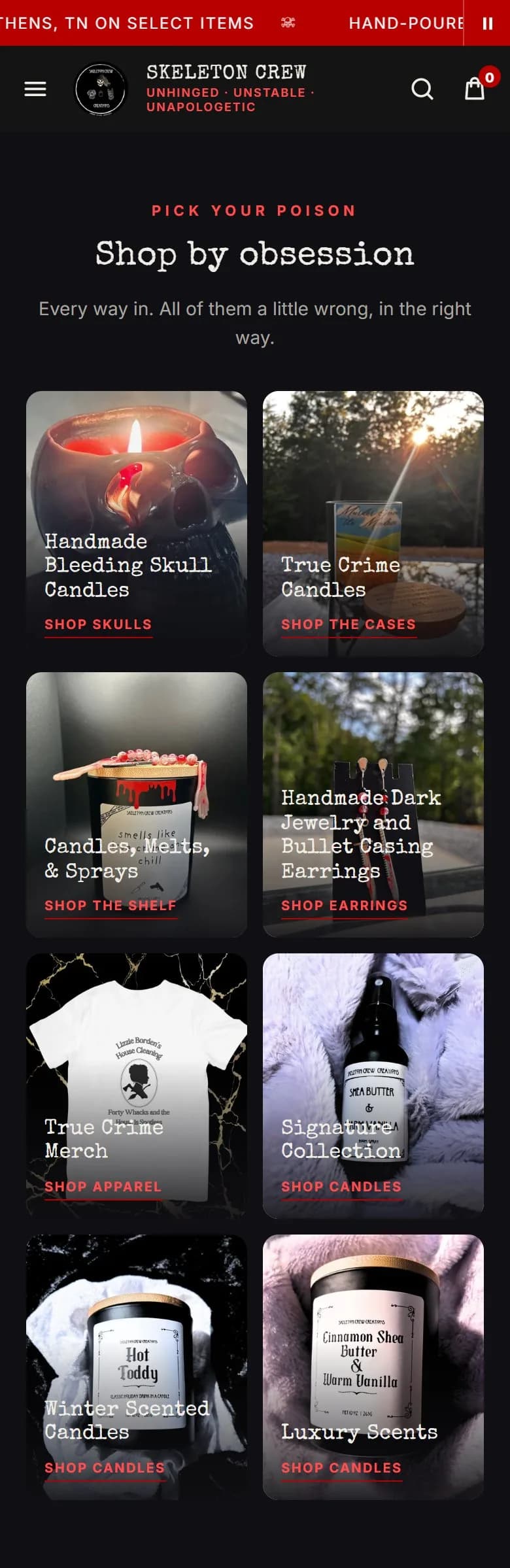 All collections, collections index, new site, phone view. 'Pick your poison / Shop by obsession / Every way in.' with 8 curated photo tiles and action labels such as SHOP SKULLS and SHOP THE CASES.