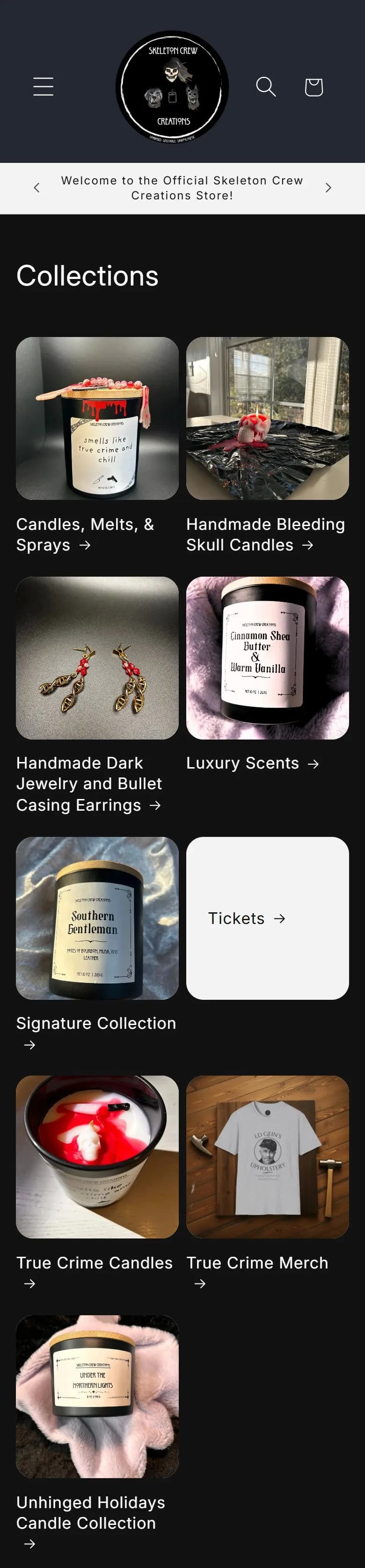 All collections, collections index, old site, phone view. A plain 'Collections' list of 9 tiles in alphabetical order, including an empty gray 'Tickets' tile.