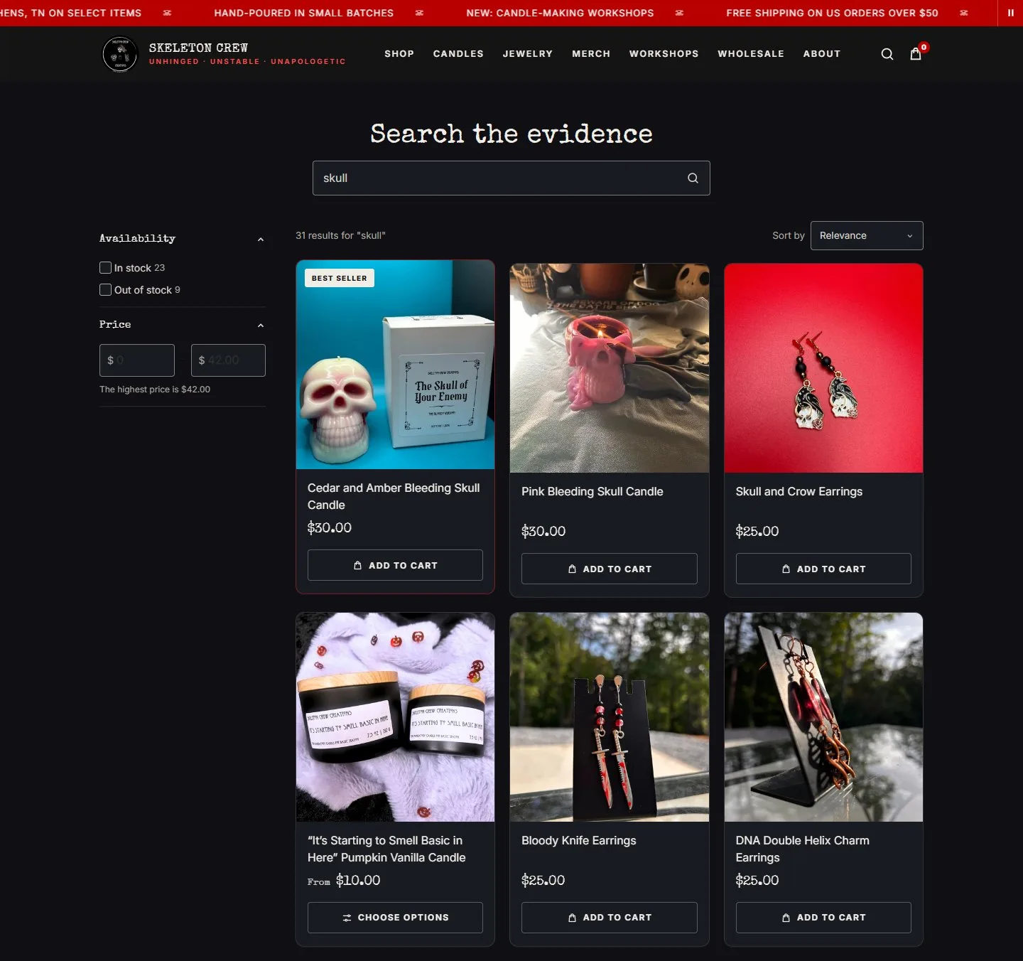 Search, search results for 'skull', new site, desktop view. 'Search the evidence' with availability and price filters, Sort by Relevance, a Best Seller badge and Add to cart or Choose options on every result.