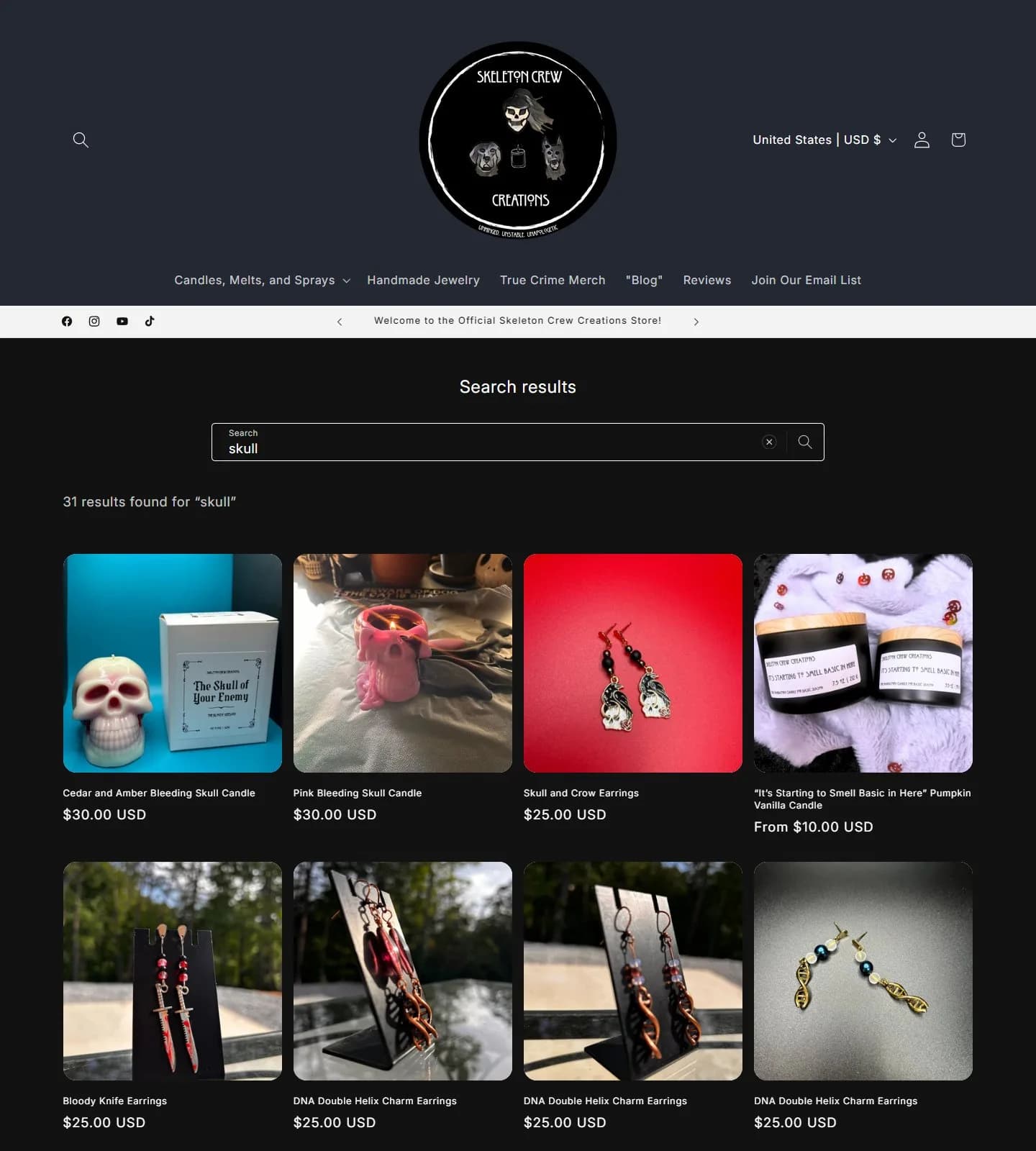 Search, search results for 'skull', old site, desktop view. A plain 'Search results' page and grid with no filters or sorting.