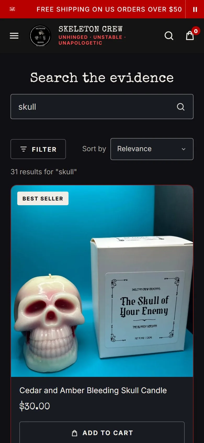 Search, search results for 'skull', new site, phone view. 'Search the evidence' with availability and price filters, Sort by Relevance, a Best Seller badge and Add to cart or Choose options on every result.