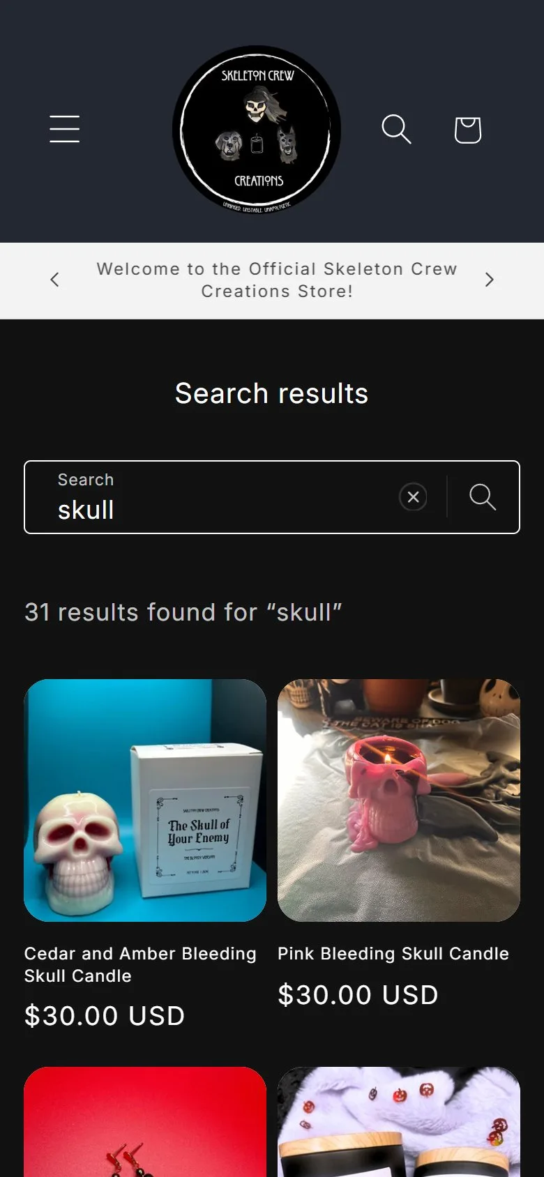 Search, search results for 'skull', old site, phone view. A plain 'Search results' page and grid with no filters or sorting.