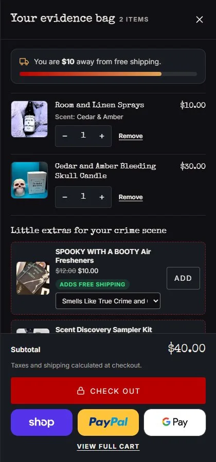 Cart, after adding the spray, new site, desktop view. After one tap on ADD the bar reads '$10 away'.