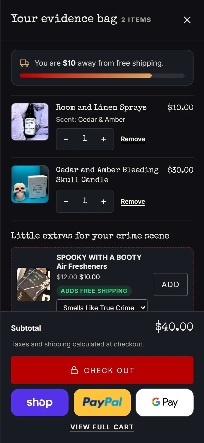 Cart, after adding the spray, new site, phone view. After one tap on ADD the bar reads '$10 away'.