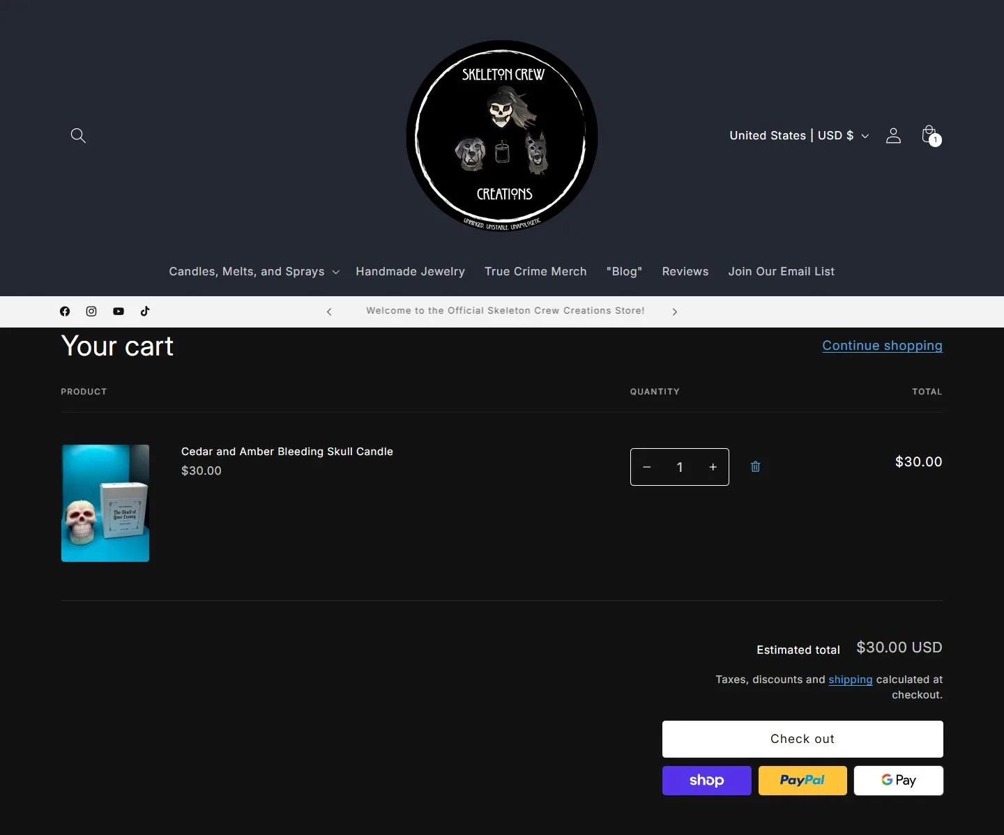 Cart, cart page, old site, desktop view. 'Your cart' with the line item, estimated total, Check out and express buttons.
