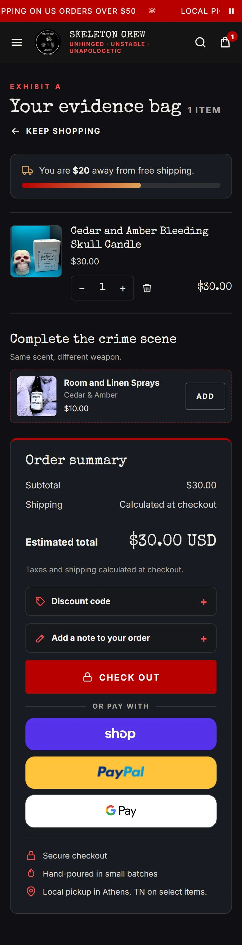 Cart, cart page, new site, phone view. 'Exhibit A / Your evidence bag' with the free-shipping bar, the same scent-matched add-on, and an Order summary panel: subtotal, shipping, discount code, order note, CHECK OUT, express buttons and three trust.