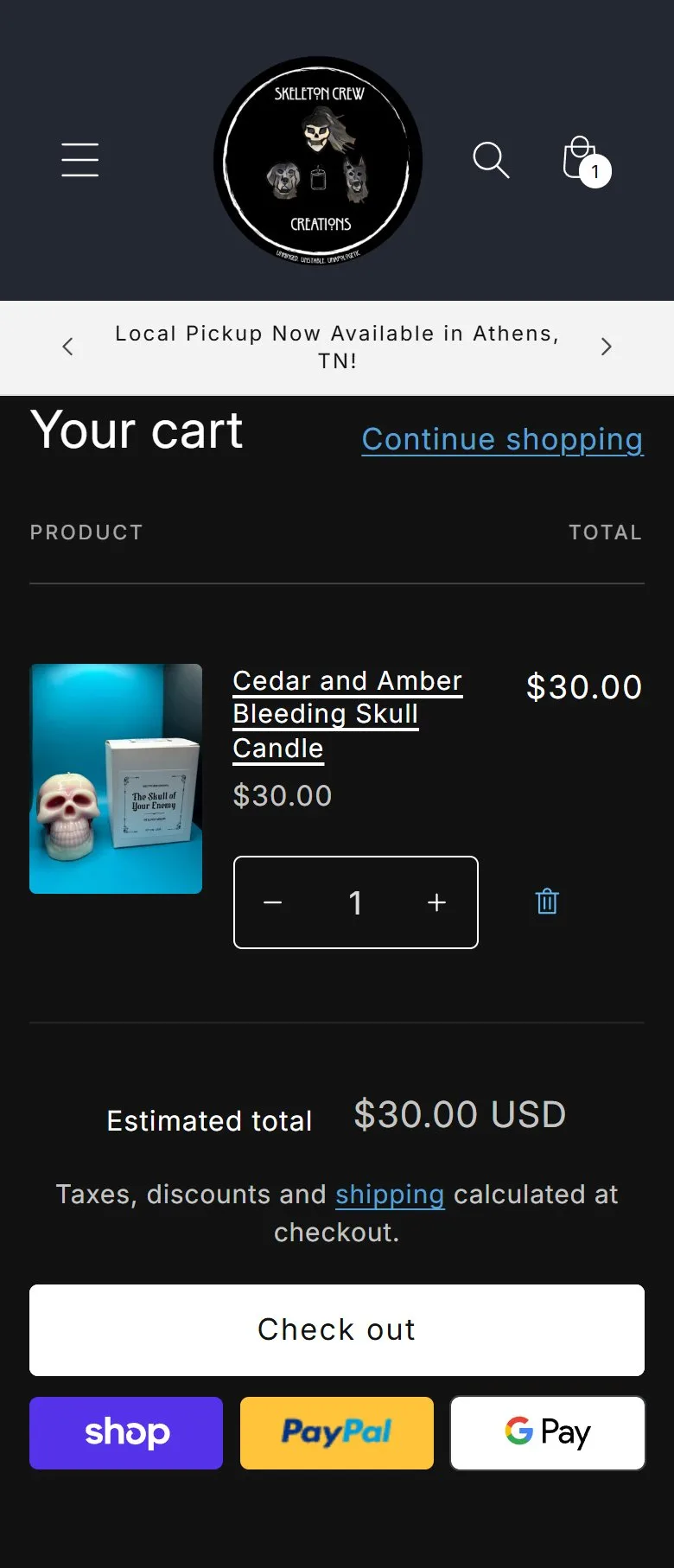 Cart, cart page, old site, phone view. 'Your cart' with the line item, estimated total, Check out and express buttons.