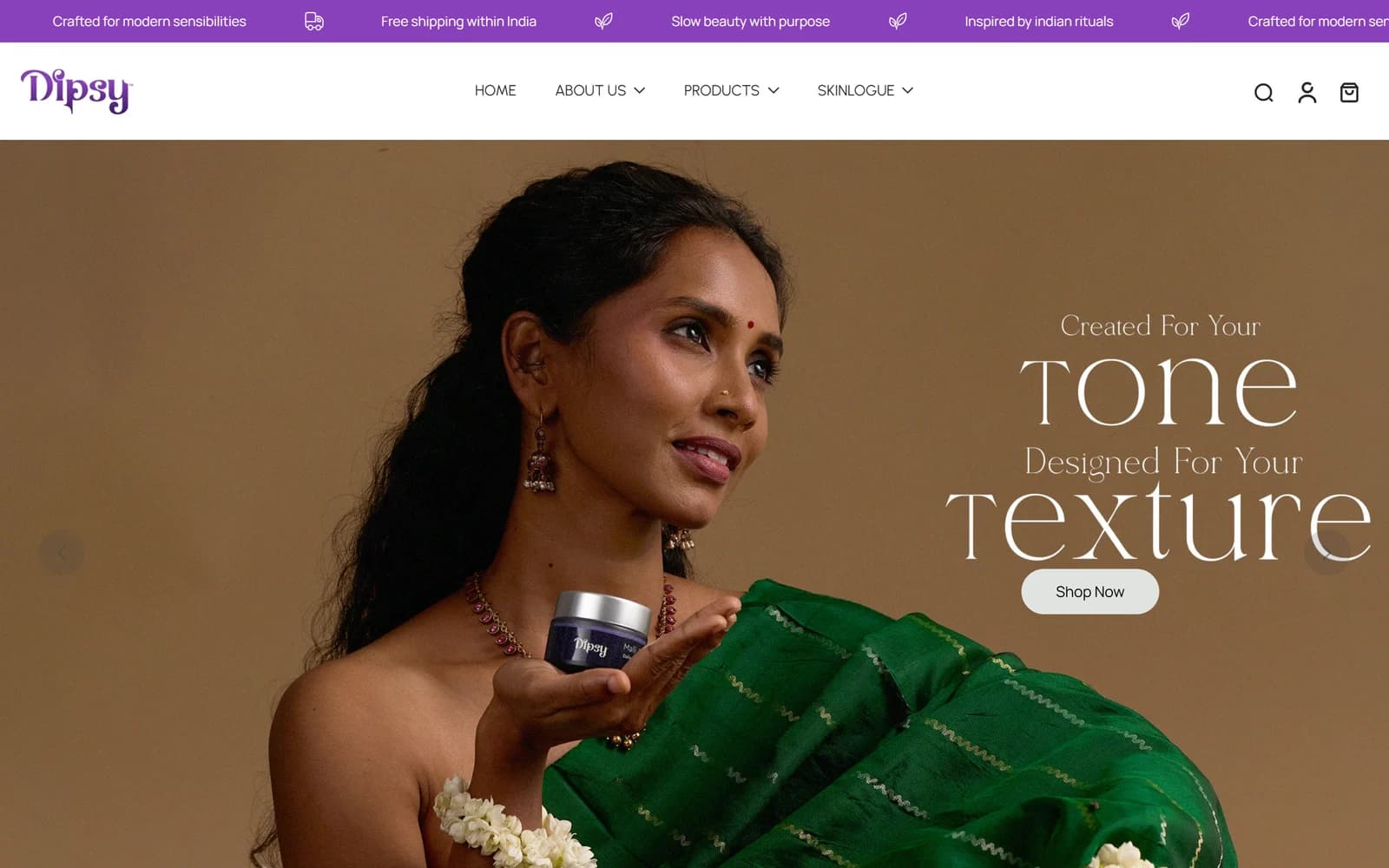 Dipsy, a clean skincare brand storefront running on Shopify