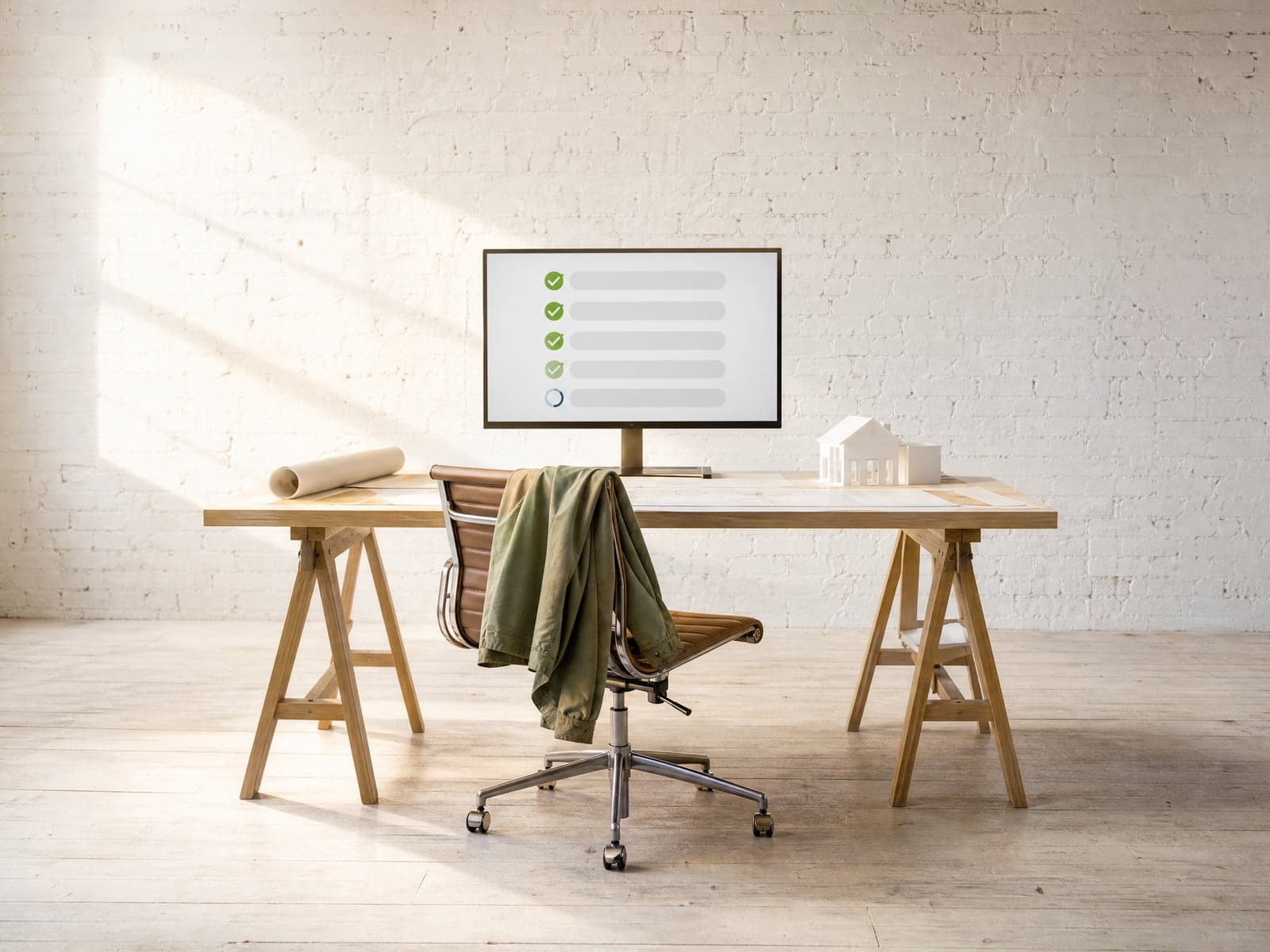 An empty architect's desk in a sunlit brick loft where a monitor shows a task list ticking itself off.