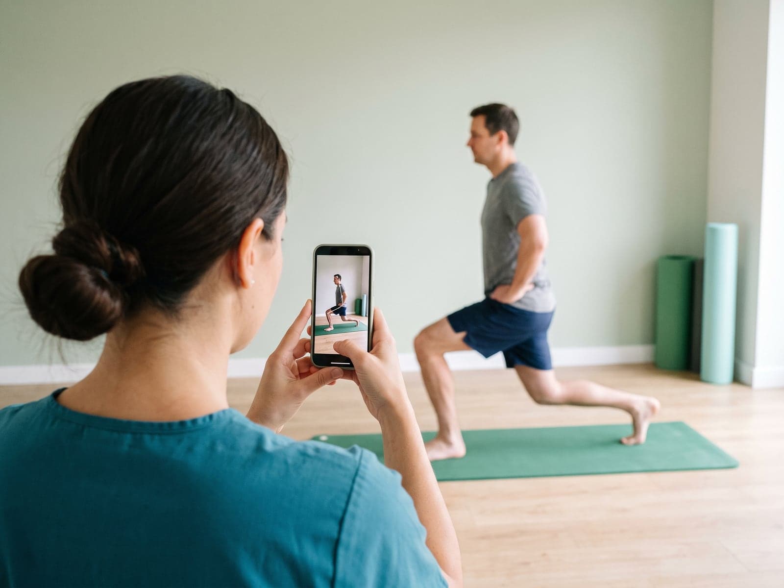 Seen over her shoulder, a physiotherapist films a patient holding a lunge on her phone, which traces thin posture lines along his body.