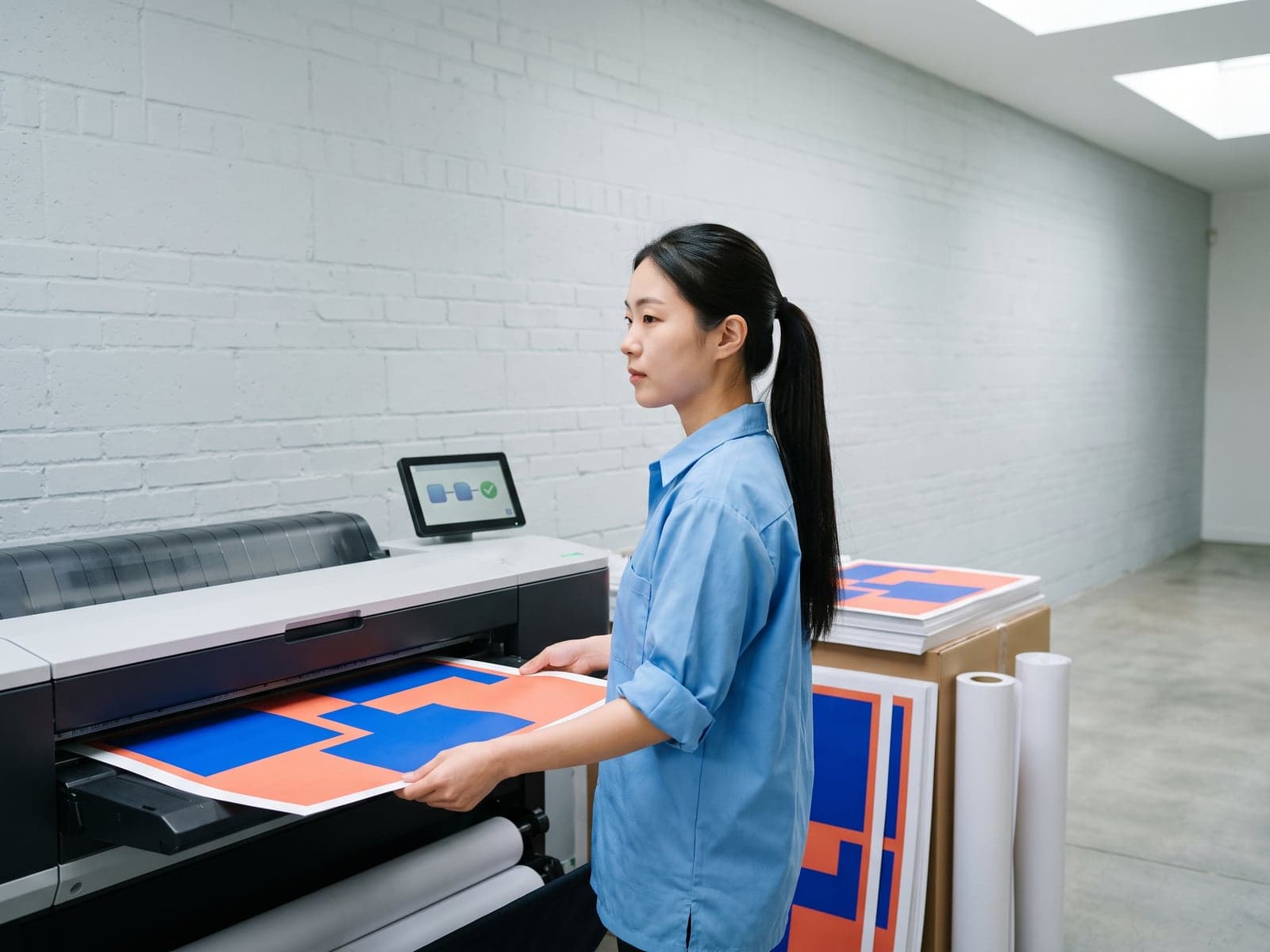 A print shop worker lifts a finished poster from a large format printer while its screen shows an automated job completing.