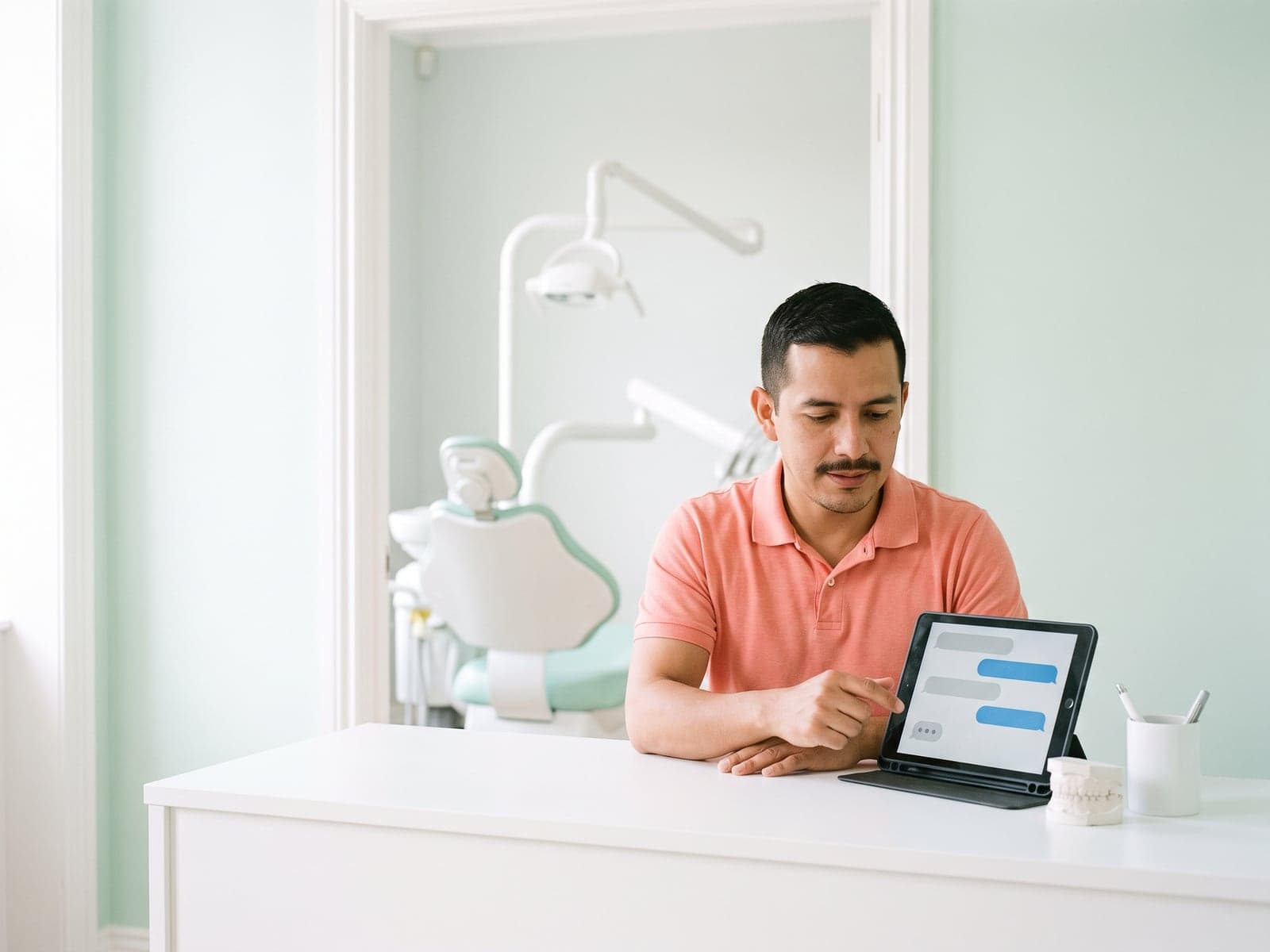 A dental clinic receptionist points at an automated chat on a desk tablet with a treatment chair behind him.