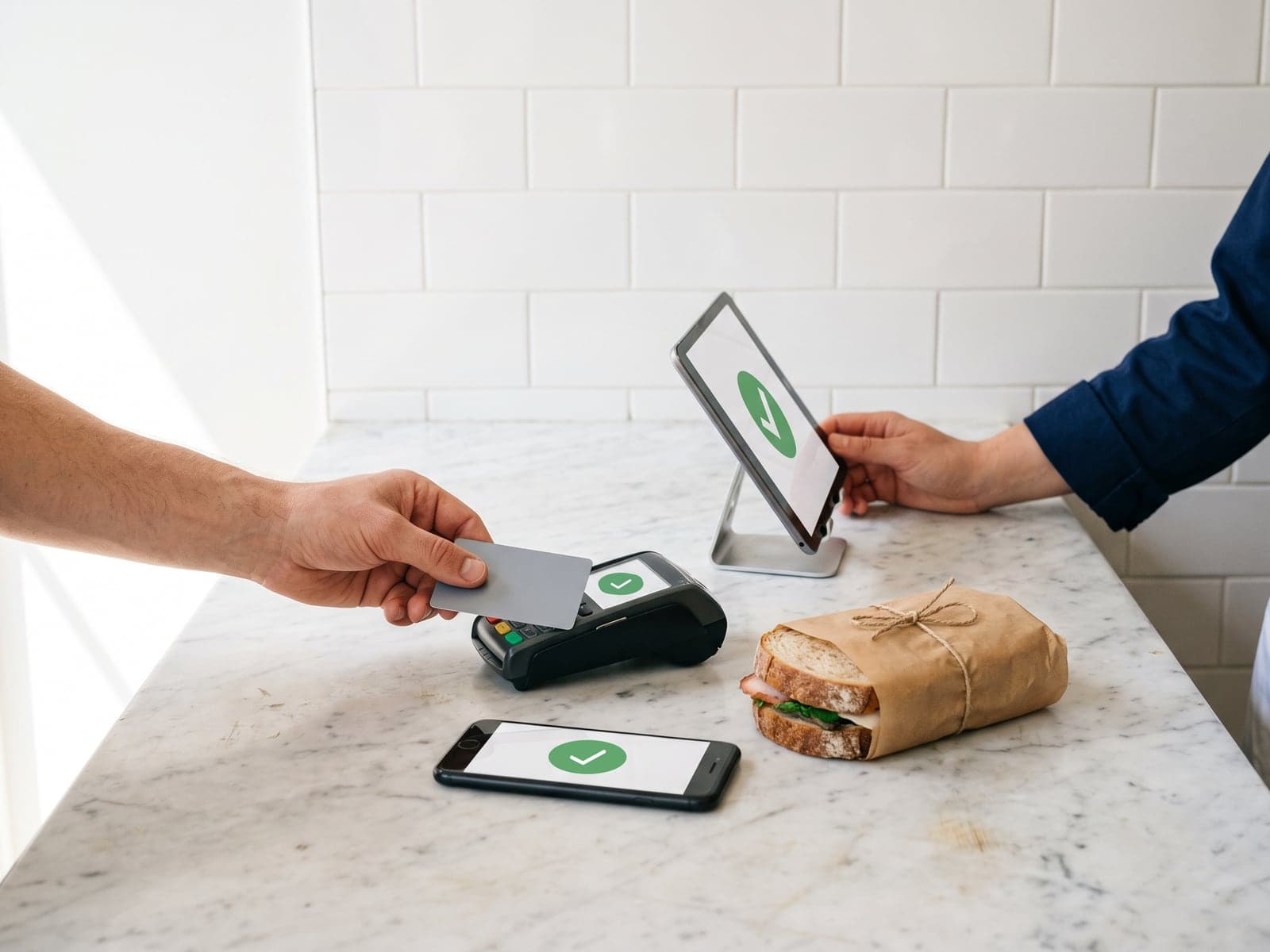 A card tap at a deli counter shows the same green tick on the card reader, a tablet and a phone.
