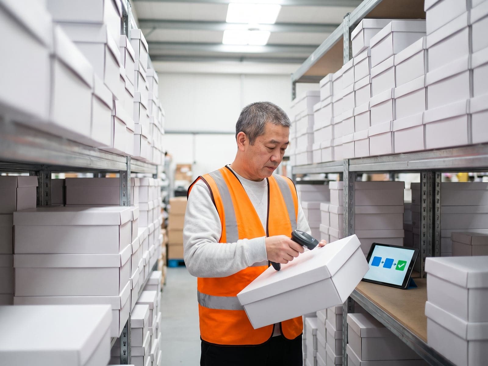 A stockroom worker scans a shoe box while a tablet on the shelf shows an automated three step flow completing.