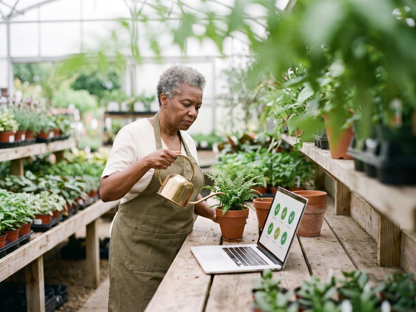 A nursery owner waters a fern while her laptop shows rows of green checks on a potting counter.