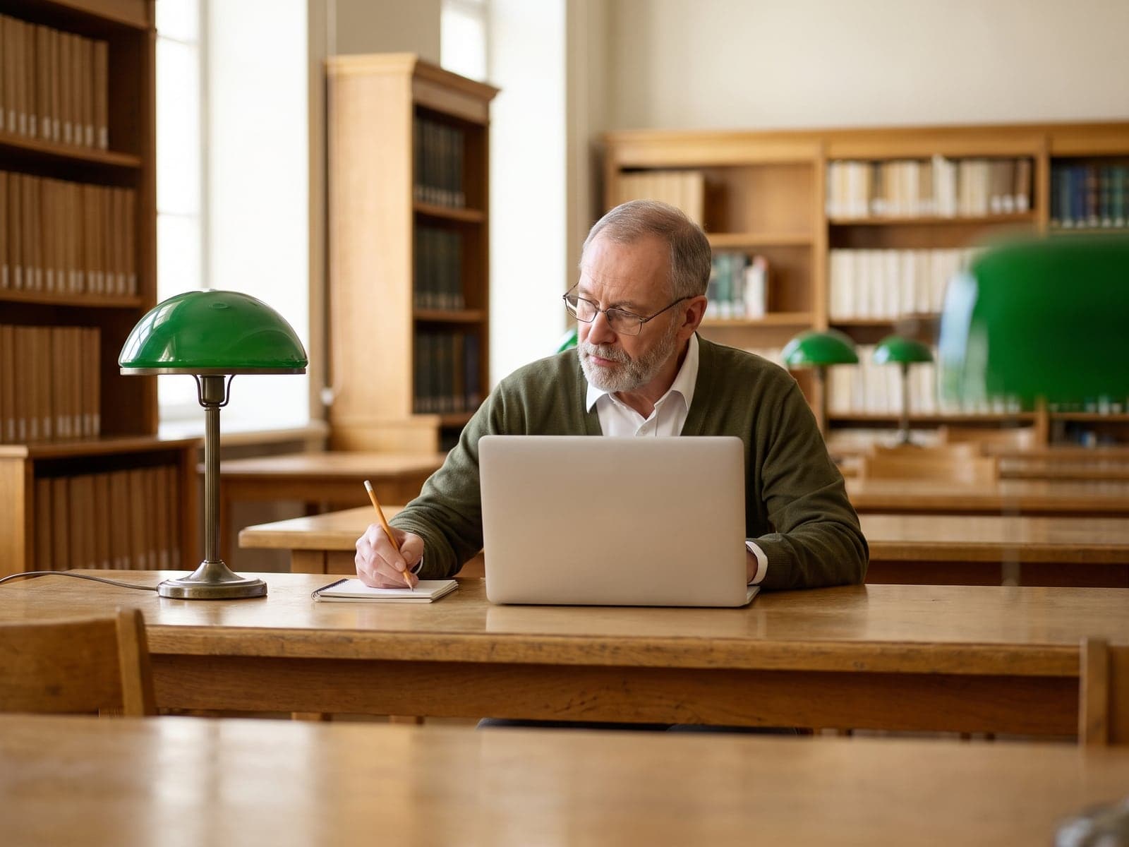 A writer makes notes in pencil beside his laptop in a library reading room with green reading lamps.