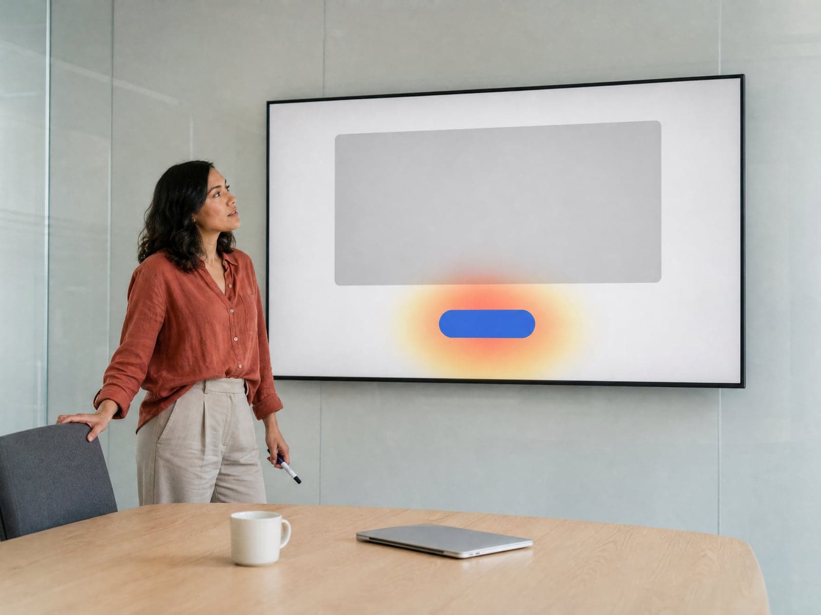 A product lead studies a product page on a meeting room screen where a heatmap glows over the main button.