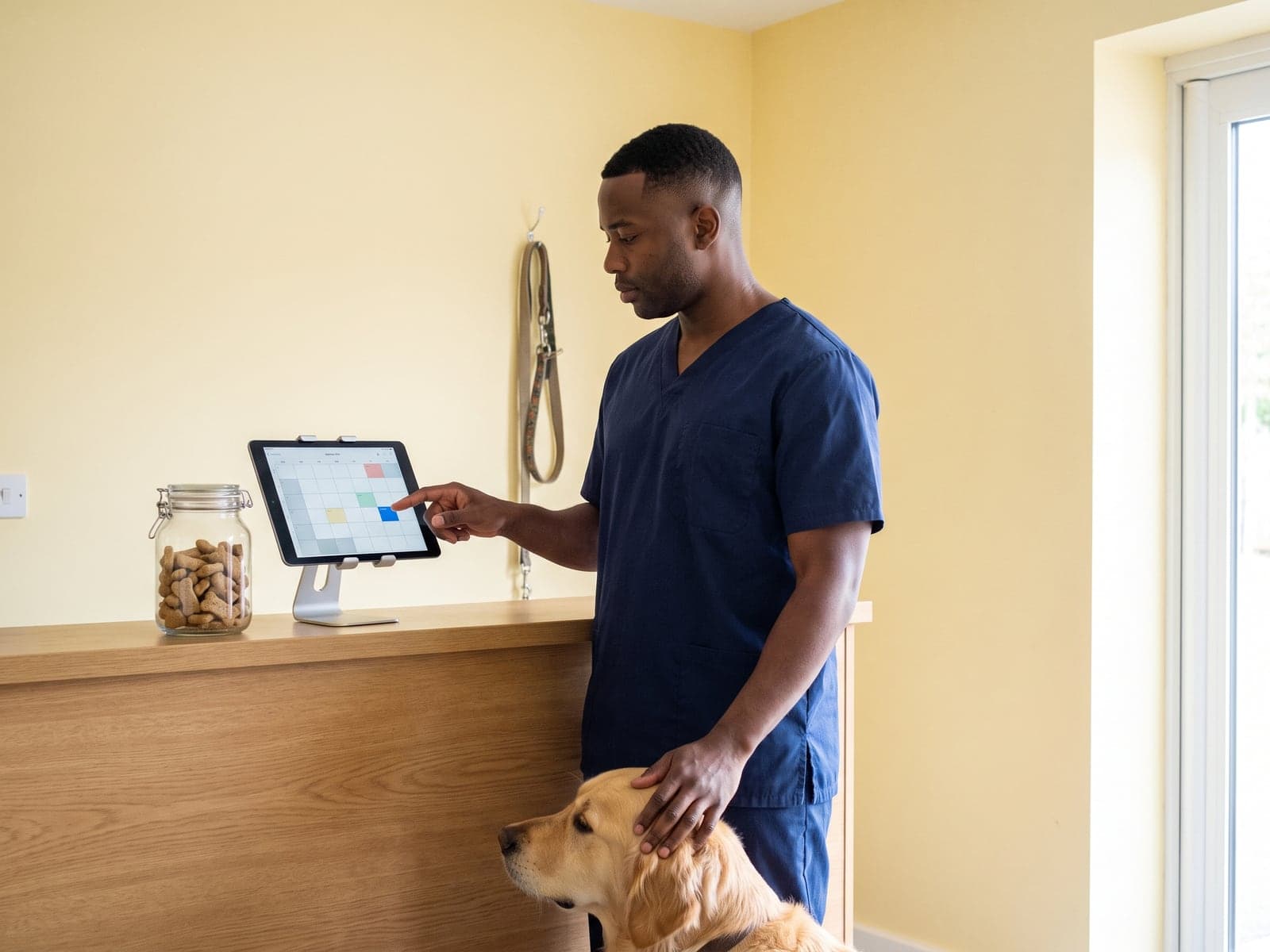 A vet clinic worker taps a new booking on a tablet calendar while resting a hand on a golden retriever.