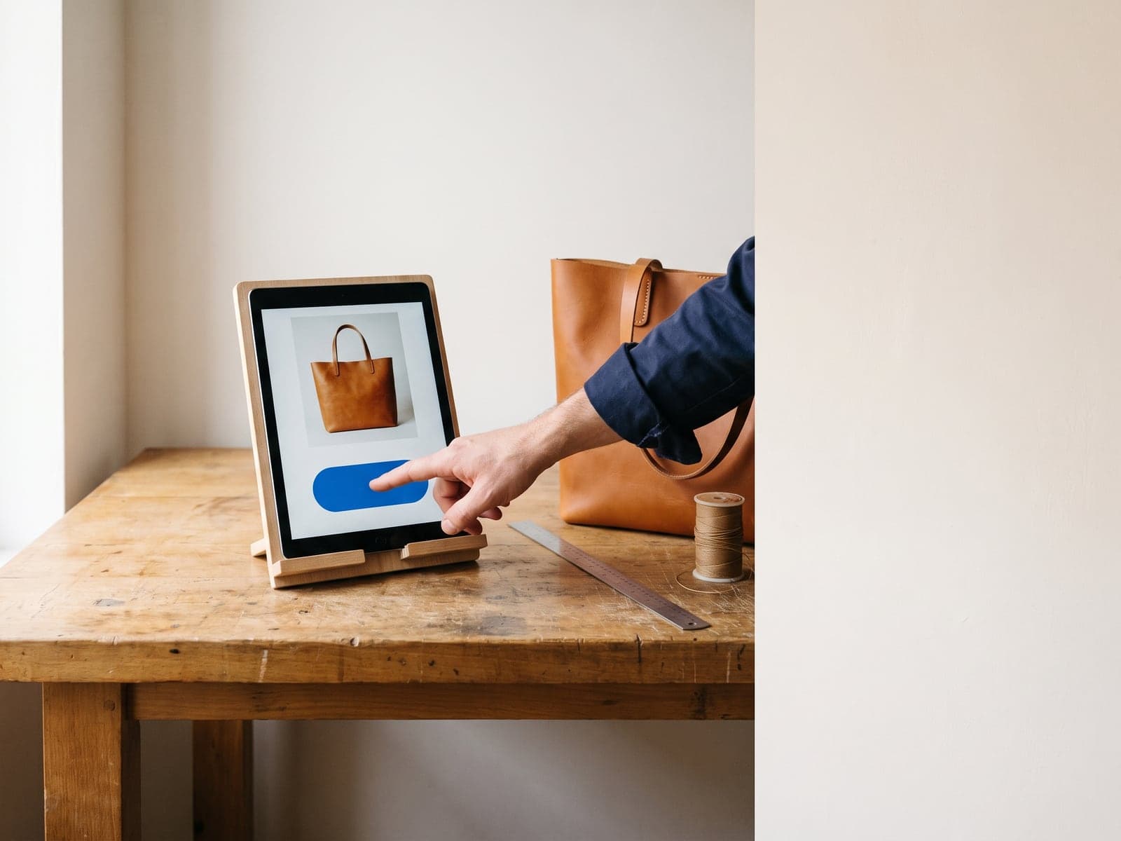 A leather maker taps the blue buy button on a tablet showing a tan tote, with the same tote on the bench beside a steel ruler and a spool of thread.