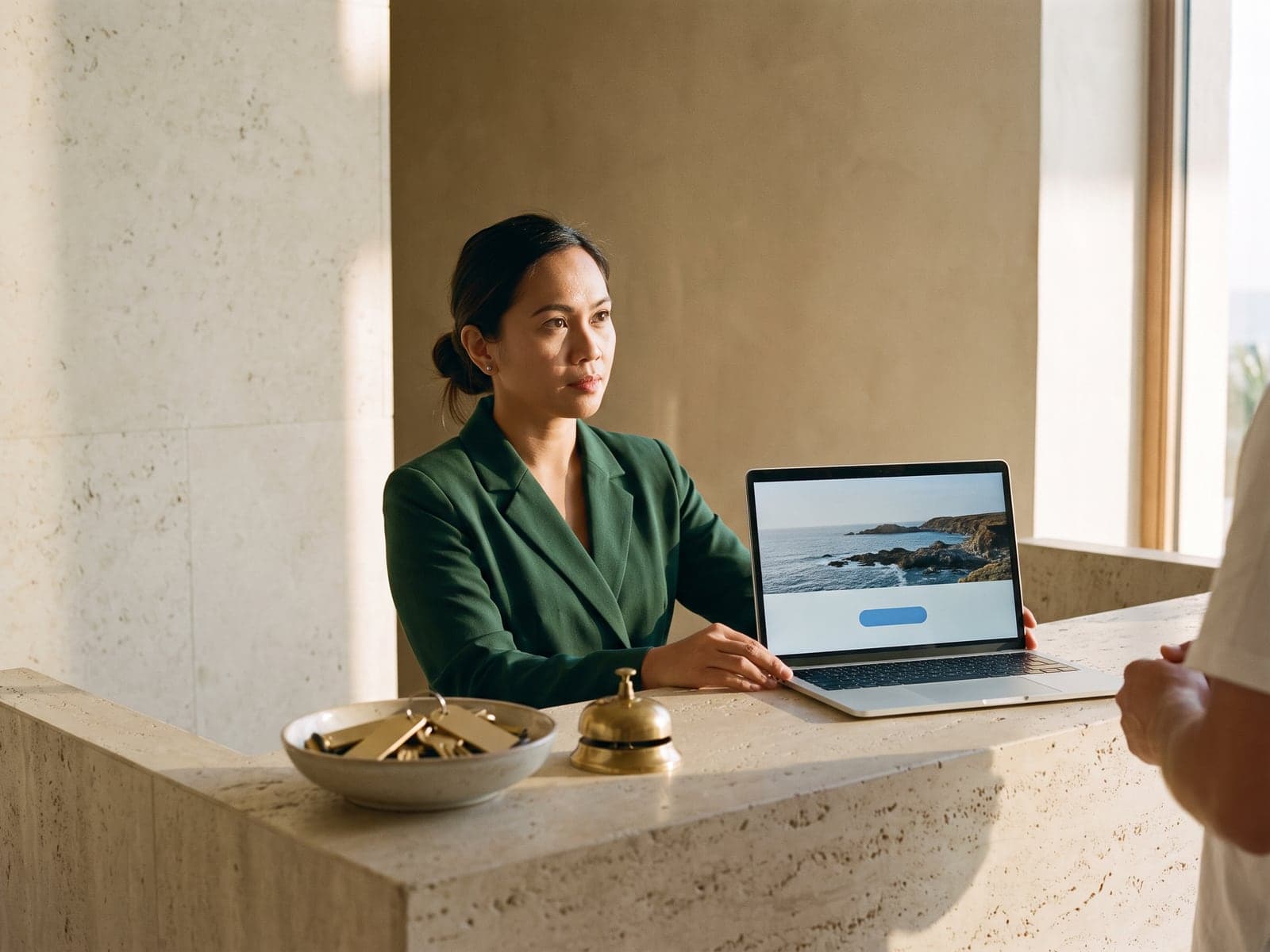 A hotel receptionist in a green blazer sets a laptop showing a coastline homepage toward a guest at a limestone reception counter.