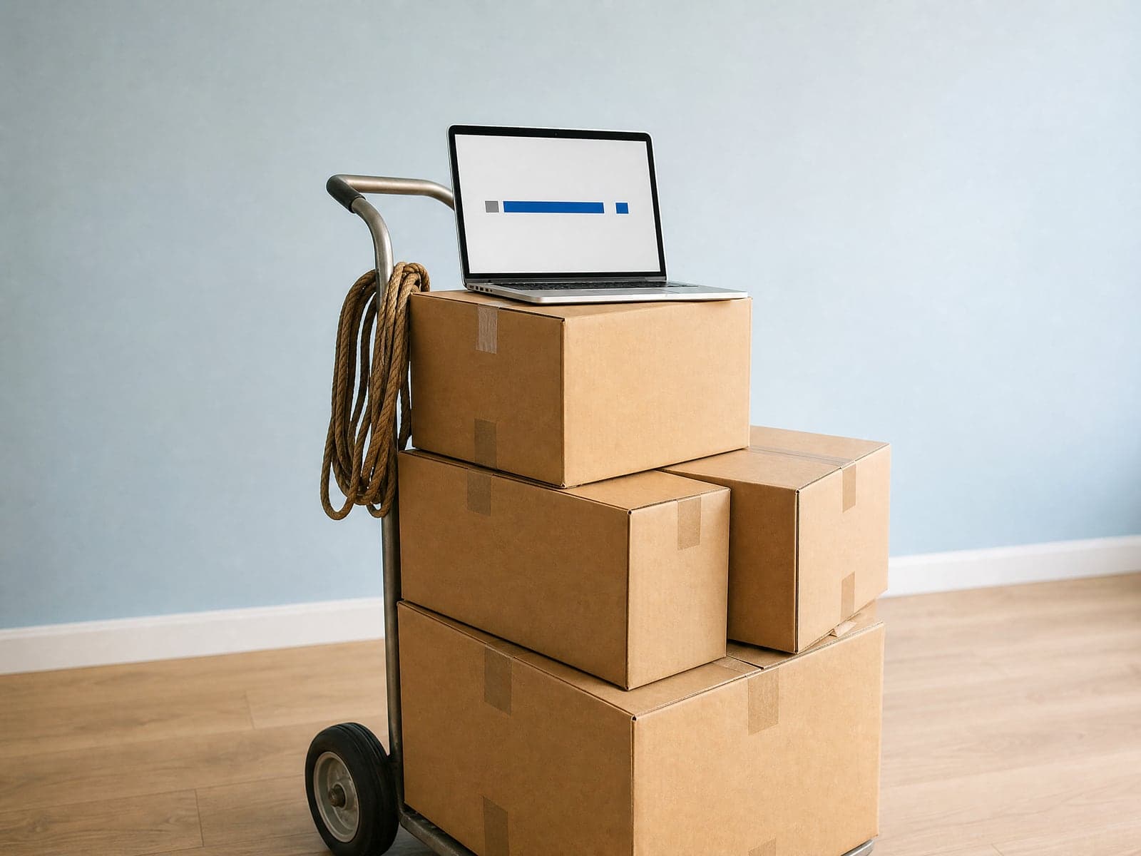 A laptop on moving boxes stacked on a hand truck shows a store transfer nearly complete in an empty room.