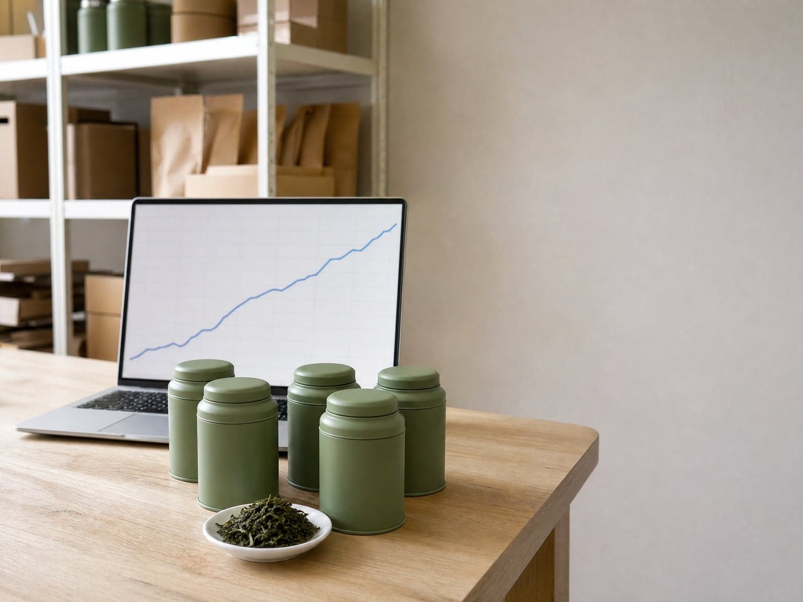 Unlabelled green tea tins and a dish of loose leaves stand in front of a laptop showing one line rising steadily.