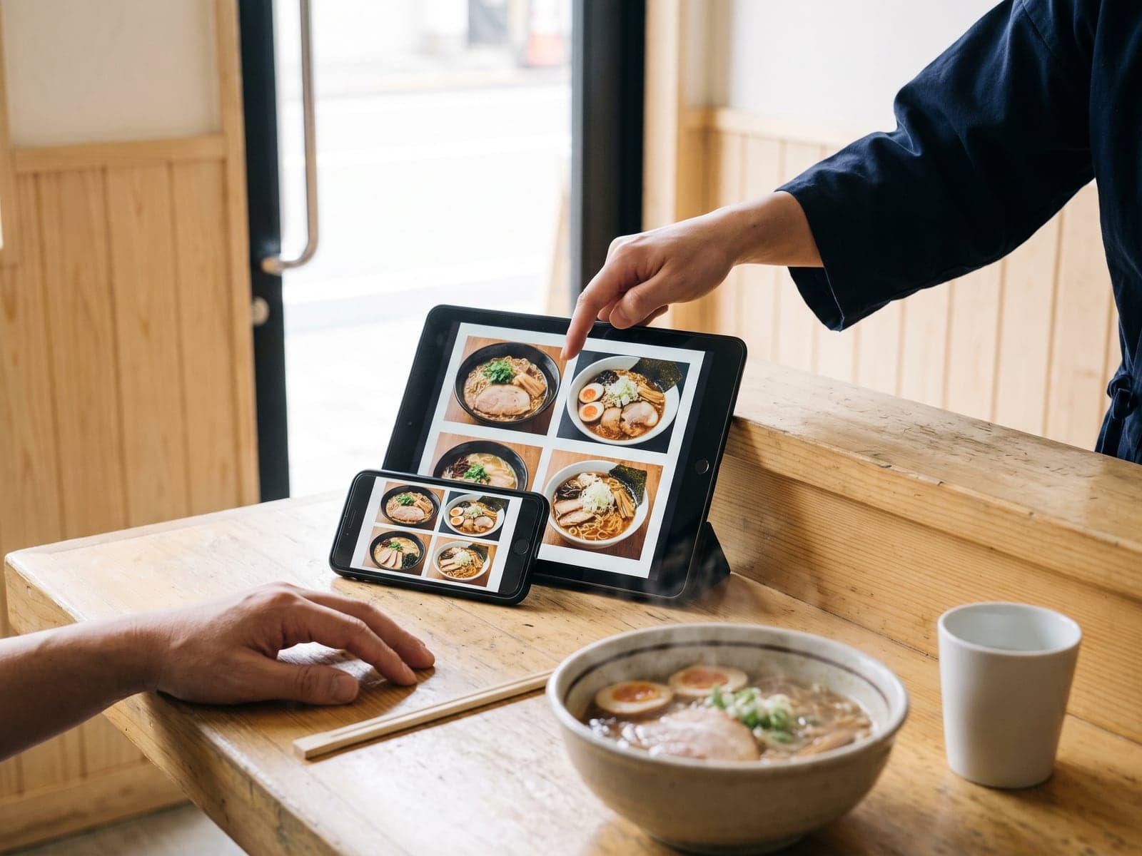 A server taps a tablet at a ramen bar counter while a phone beside it shows the same menu of noodle bowls.