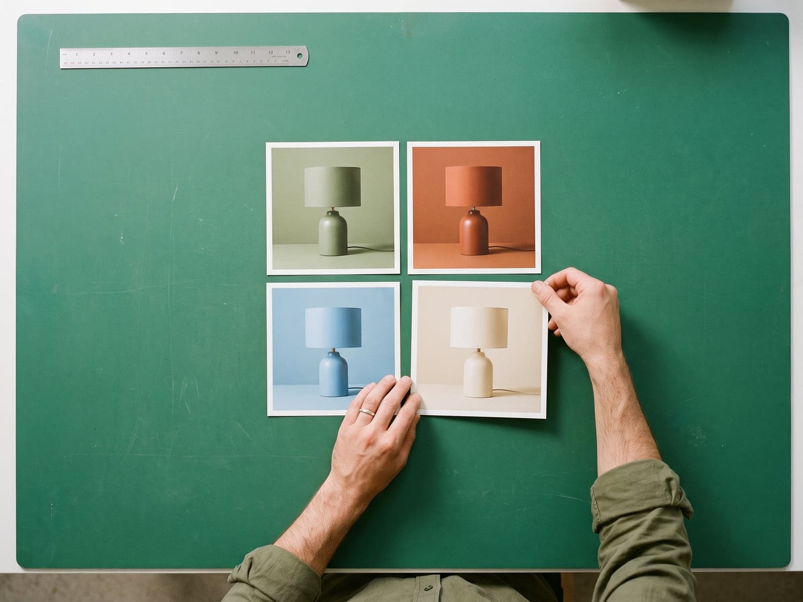 Hands arrange four prints of the same table lamp in four colourways on a green cutting mat.