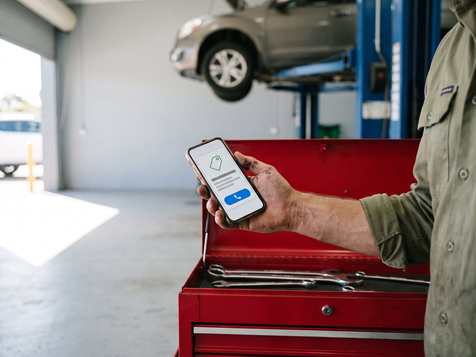 A mechanic's hand holds a phone showing a sponsored local search result above a red tool chest.