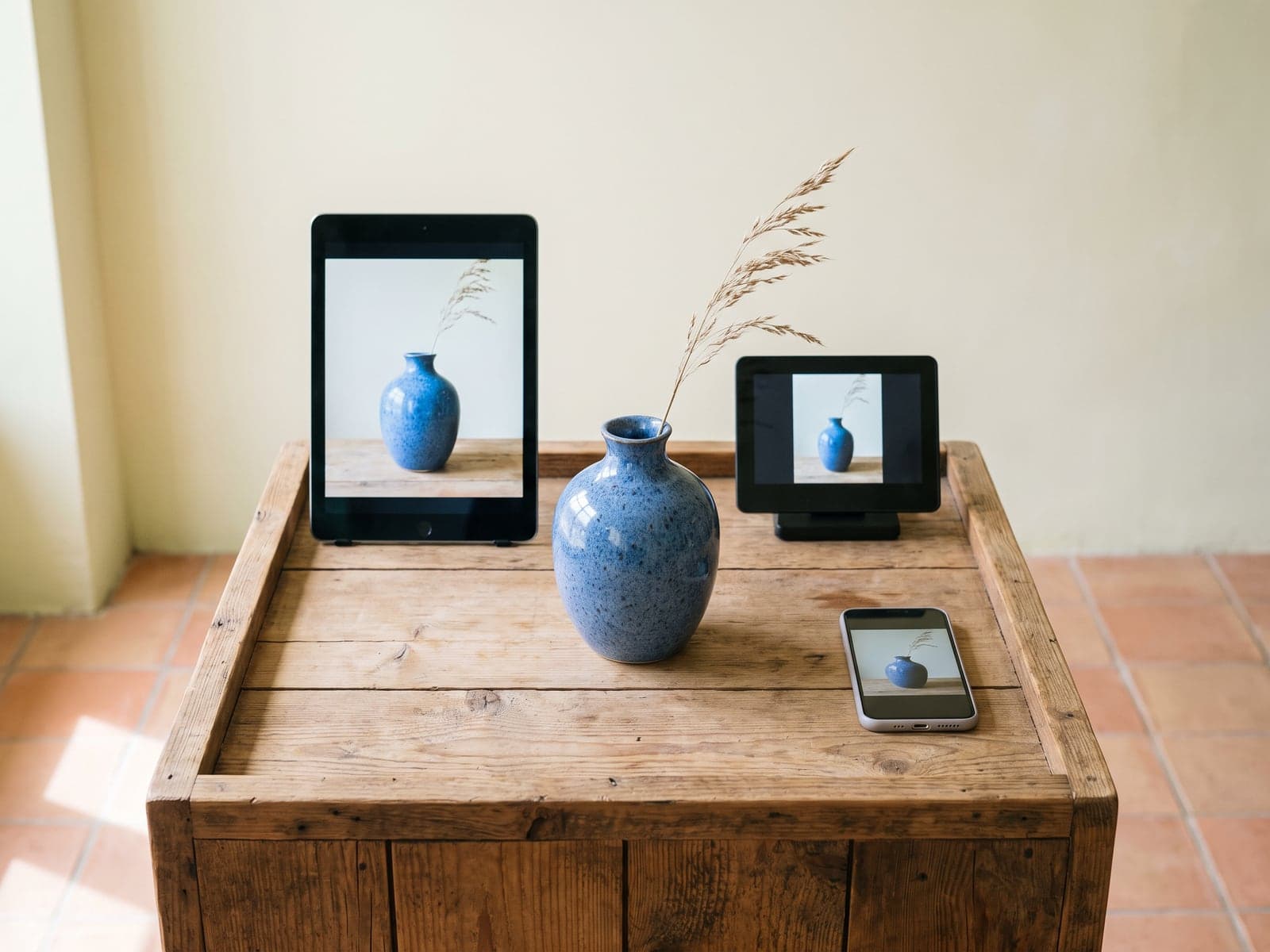 One blue ceramic vase shown on a wooden table, a tablet, a phone and a small counter screen at the same time.